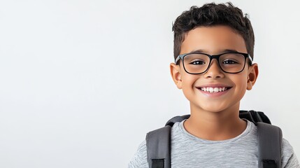 Smiling boy with glasses and a backpack on a white background, leaving plenty of room for design elements or text.