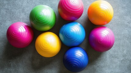 Top view of a set of colorful fitness balls in different sizes, displayed neatly on a gym floor with a clean background.