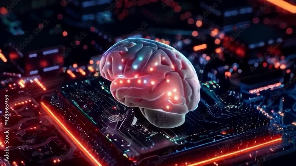 Poster abstract futuristic ai glowing brain advance artificial intelligence circuit board network connections technology smooth rotation motion video