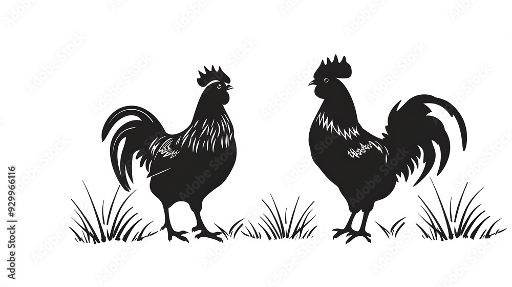 Sticker Rooster and hen Silhouette