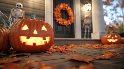 A group of pumpkins sitting on a porch with halloween decorations, AI