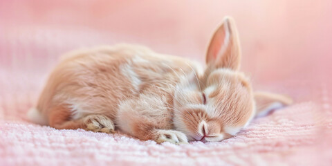 Cute brown baby bunny sleeping on pink studio background