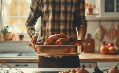 Man Serving Roasted Turkey in Copper Dish Inside Cozy Home Kitchen During Fall