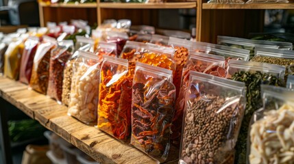 Variety of Colorful Freeze-Dried Ingredients Displayed on Wooden Shelves in Local Market