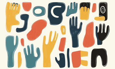 Abstract colorful doodle boho vector set, decoration, background, icons, hand drawn graphic, transparent background