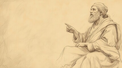 Fototapeta premium Biblical Illustration of Eliphaz Speaking on Divine Retribution - Eliphaz Seated Near Job, Pointing to the Ground as He Discusses the Inevitability of God’s Judgment, Beige Background