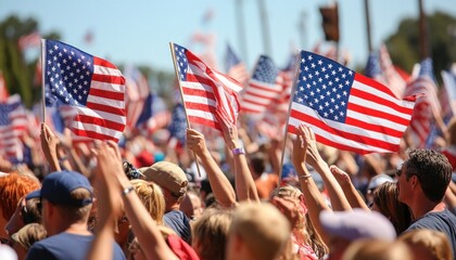 A large crowd of enthusiastic people joyfully holding American flags high up in the air