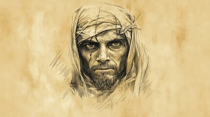 Fototapeta premium Biblical Illustration of Bildad’s Second Speech - Bildad with a Somber Expression, Recounting the Fate of the Wicked, Beige Background