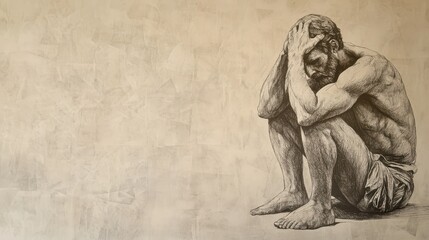 Biblical Illustration of Job Continues Reflecting on Past Prosperity - Job Sitting on the Ground, Face Etched with Sorrow, Beige Background