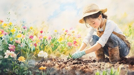 Obraz premium A young gardener planting seeds in rich soil, surrounded by blooming flowers, gentle morning sunlight, watercolor style with soft edges, hopeful and nurturing atmosphere, vibrant greens and soft