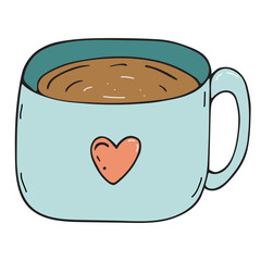 cozy home blue mug with a heart with a drink, coffee or cocoa, vector colored doodle element, cute design element