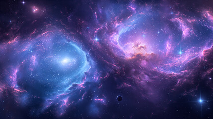  Blue, purple, and black galaxies with swirling clouds and distant planets on space. Generative AI