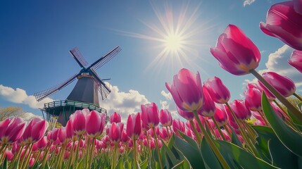 The windmill and tulip flower garden in the springtime landscape with the sun shining on the colorful tulip field and blue sky background.