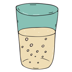 blue glass with drink, coffee or cocoa with milk, soda, vector color doodle element, cute design element