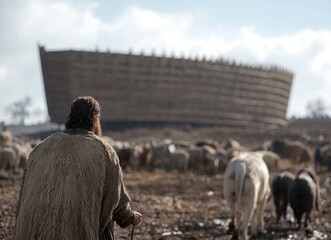 Noah's journey, depiction of religious personality Noah and his ark, illustrating biblical story of salvation and survival, highlighting his faith and significance of great flood narrative.