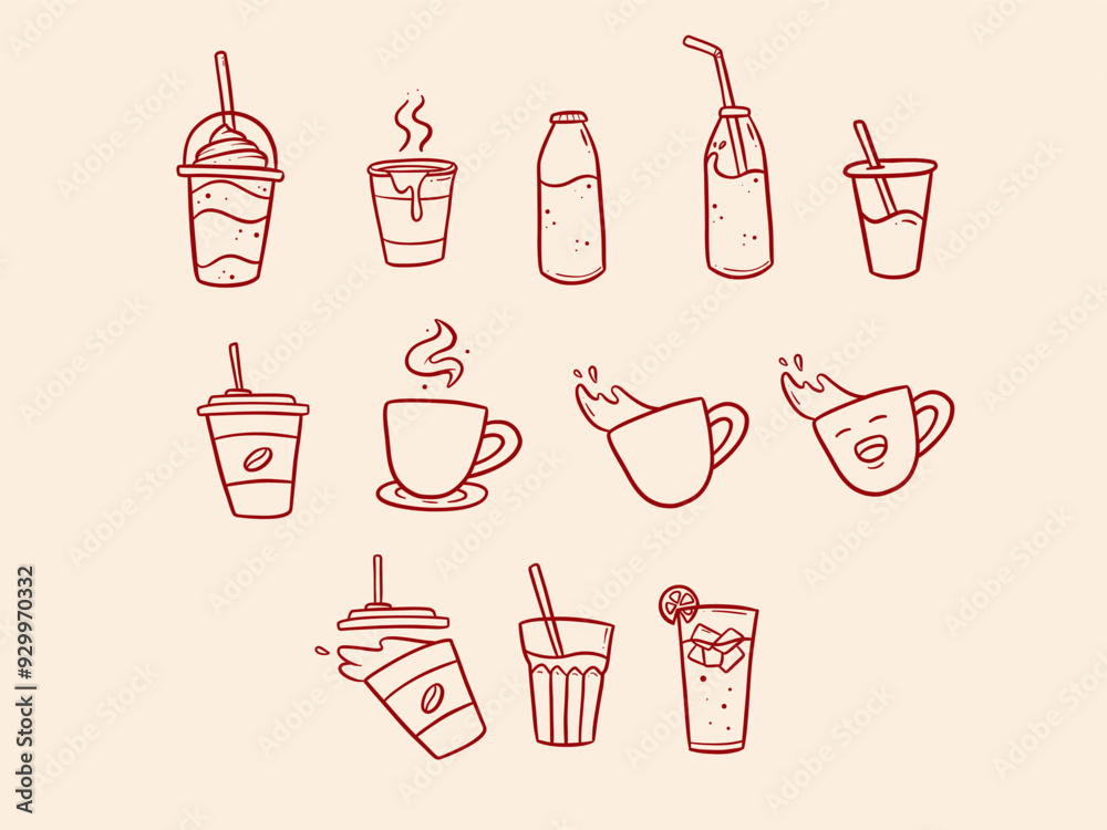 Wall mural Set of vector cafe beverage drink menu line art doodle illustration