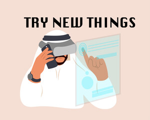 Try new things. Arab Businessman Wearing Modern Vr Glasses. Virtual Reality. Vector illustration