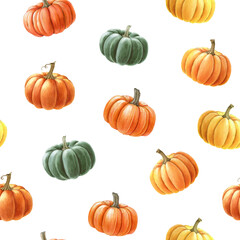 Pumpkin autumn mood seamless pattern. Watercolor painted illustration. Hand drawn ripe different autumn pumpkins decoration. Thanksgiving collection seamless pattern element. White background