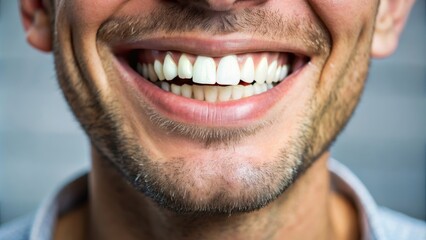 Obraz premium A close-up image of a smiling person with healthy teeth and gums after quitting smoking