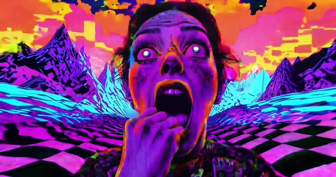 Psychedelic trippy video. Girl in another reality. Classical glitch.