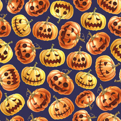Halloween traditional smiling spooky pumpkins seamless pattern. Watercolor illustration. Hand drawn orange scary Halloween pumpkins on dark background. Holiday backdrop for wrapping, fabric, textile