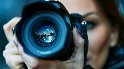 a close up of a woman taking a photo with a DSLR camera.generative ai