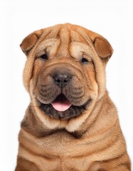 Obraz premium 笑顔のシャー・ペイの子犬のポートレート（Portrait of a smiling Shar-Pei puppy on white background） 