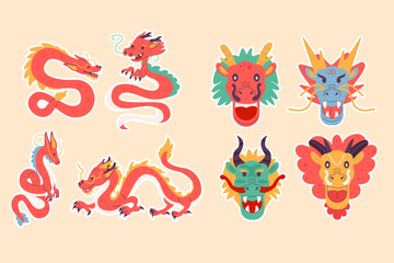 Set of stickers cartoon character Chinese dragon and dragons mask