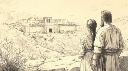 Biblical Illustration of Job’s Prosperity in the Past - Job and His Wife Standing Over Their Prosperous Estate, Filled with Gratitude, Beige Background