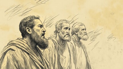 Fototapeta premium Biblical Illustration of Job Insisting on His Innocence - Job Standing Before His Friends, Emotionally Declaring His Righteousness Amidst His Suffering, Beige Background