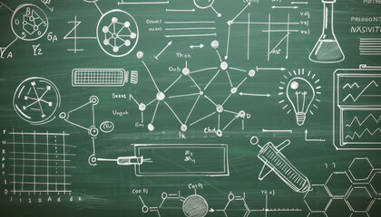 On the chalkboard, youll find drawings related to circuits, engineering, fonts, and electronics