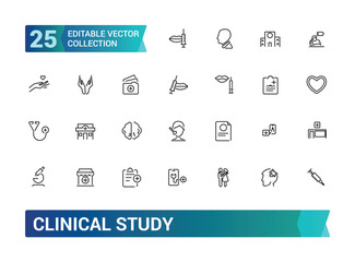 Clinical study and research line icon set. Collection and pack of linear web and ui icons. Editable stroke. Vector illustration.