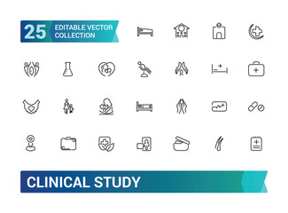 Clinical study and research line icon set. Collection and pack of linear web and ui icons. Editable stroke. Vector illustration.