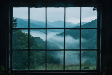 Fototapeta premium Tranquil Fog Envelops a Valley Viewed Through a Picture Window