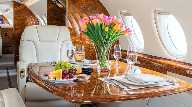 Luxurious private jet interior featuring a beautifully set dining table with flowers, fruits, and elegant tableware. Luxurious Airline First-Class Cabin . - Powered by Adobe