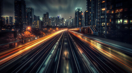 Fototapeta premium Blurred motion of trains in the city at night, generative ai