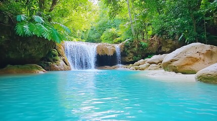 Naklejka premium A serene waterfall cascading into a pristine turquoise pool surrounded by lush greenery, creating a tranquil nature escape. Pouring Fresh Drinking Water.