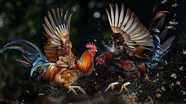 Two roosters are fighting in a cloud of dust and feathers, their wings spread wide and talons extended.