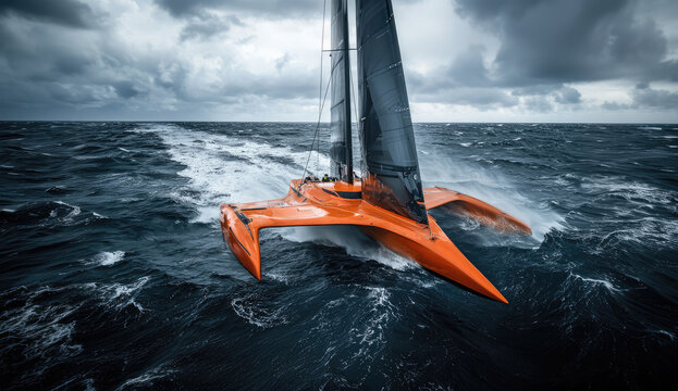 Orange trimaran sailing boat cutting through waves on open ocean