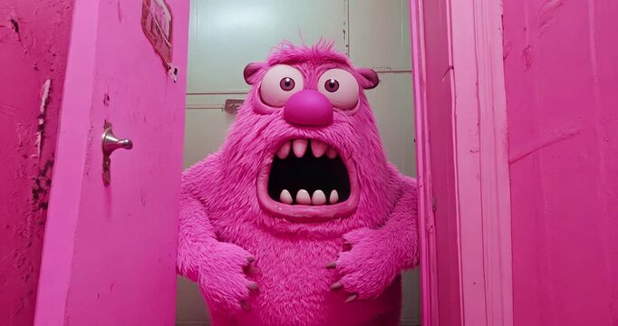 Surprised pink monster in a pink door location.