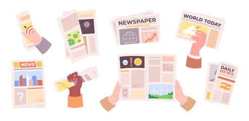 Hand with newspaper. People reading daily or weekly news in periodical press. Media publications, paper newspapers, journals racy vector clipart