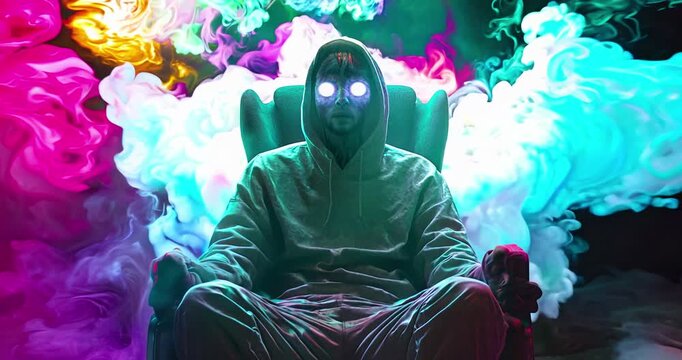 Psychedelic trippy video. Guy in a chair in another reality.