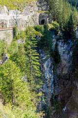 Risky railway line, tunnel and Landwasser gorge in Davos, Switzerland