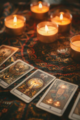 Fototapeta premium A set of mystical tarot cards displayed on a wooden surface, surrounded by glowing candles and red berries, creating a warm and enchanting atmosphere.