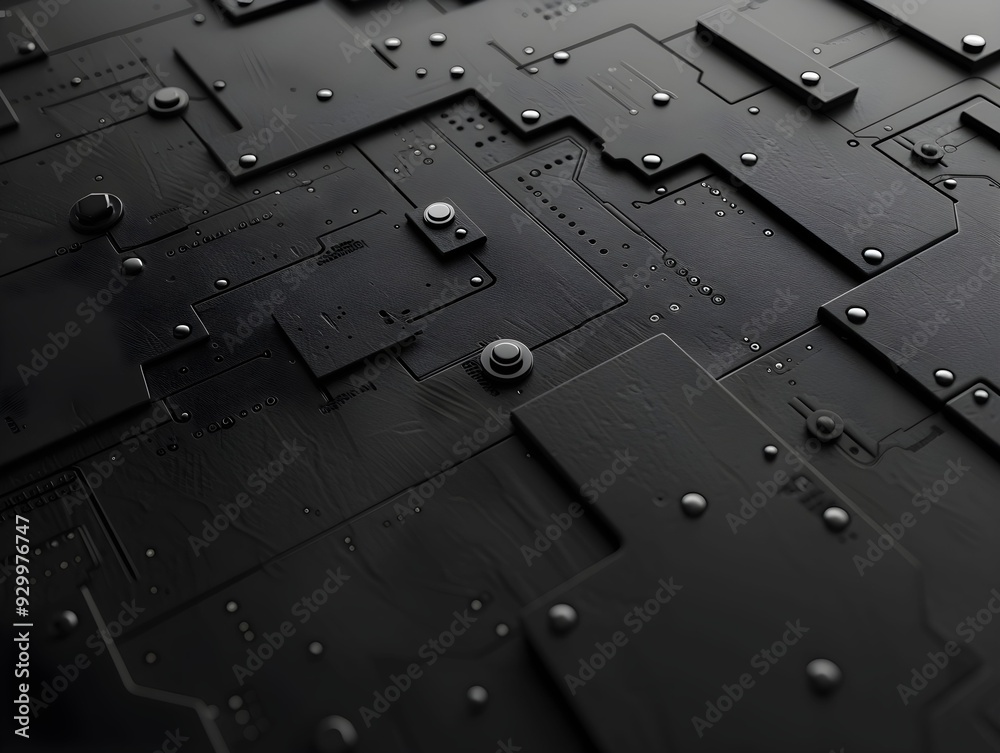 Poster close-up view of intricate black circuit board patterns with metallic components