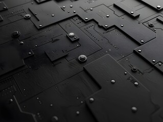 Close-up view of intricate black circuit board patterns with metallic components