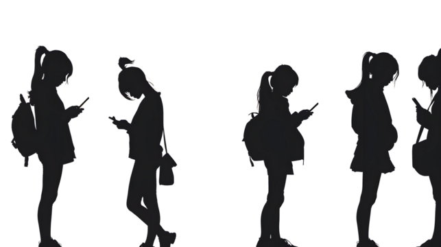 Silhouettes of girls using smartphones and social media usage by people