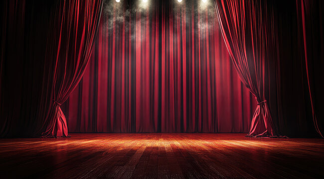 Red stage curtains opening on an empty stage with spotlights