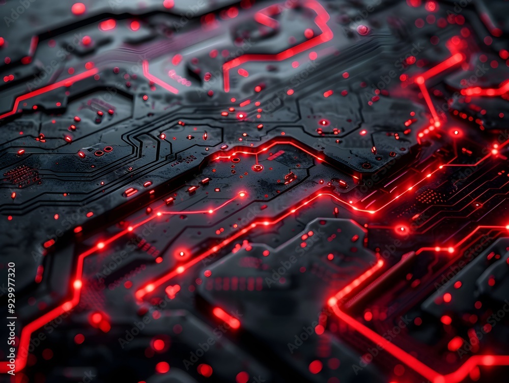 Poster close-up of a circuit board with glowing red lines and intricate patterns in a dark environment