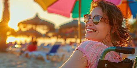 Happy young woman in a wheelchair relaxing on a beach on summer day. Person with a disability having fun by a seaside. Equal opportunities for differently abled people.